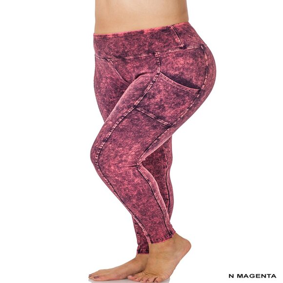PLUS MINERAL WASH WIDE WAISTBAND FULL LENGTH LEGGINGS W/POCKETS 1X-3X MAGENTA - Picture 1 of 3
